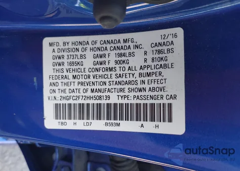 2017 Honda Civic Ex из США, поврежденный, VIN 2HGFC2F72HH508139